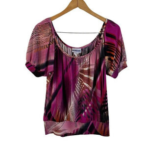 Kress Bright Multipattern Blouse Plus 1X Purple Pink Orange Abstract Stretch